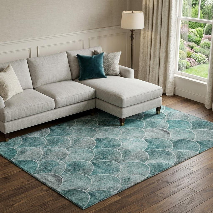 10' X 14' Abstract Geometric Washable Area Rug With UV Protection (650704) - Teal / Ivory