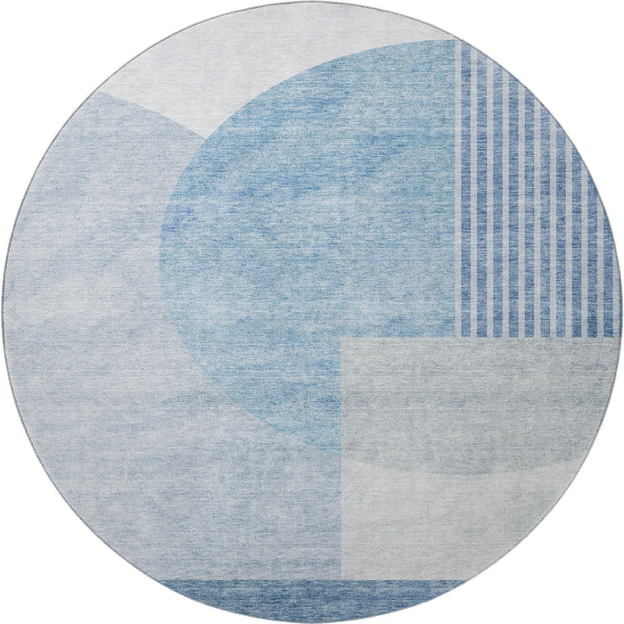 8' Geometric Washable Round Rug With UV Protection (655821) - Blue / Ivory