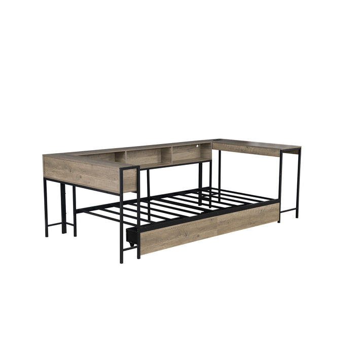 Gray Giga corner twin bed frame with built-in bookcase, underbed storage drawers, LED light, and charging station for modern bedrooms.