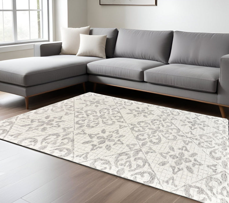 10' X 8' Wool Floral Hand Tufted Area Rug - Ivory And Gray