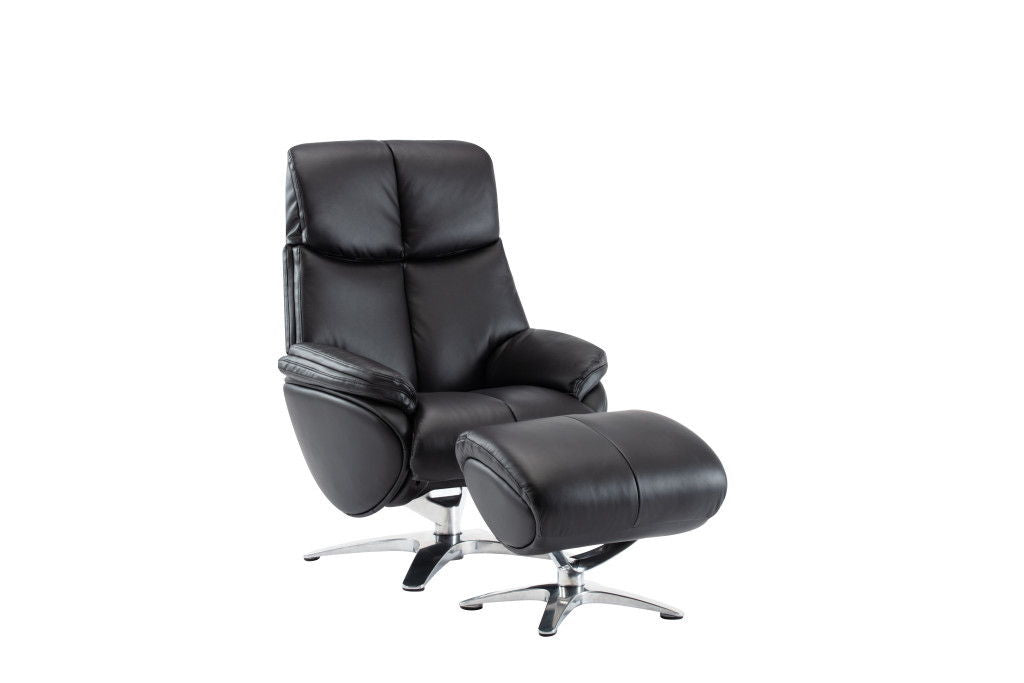 Black HomeRoots tufted genuine leather manual swivel recliner with matching ottoman, showcasing plush upholstery and a sturdy base.