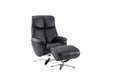 Black HomeRoots tufted genuine leather manual swivel recliner with matching ottoman, showcasing plush upholstery and a sturdy base.
