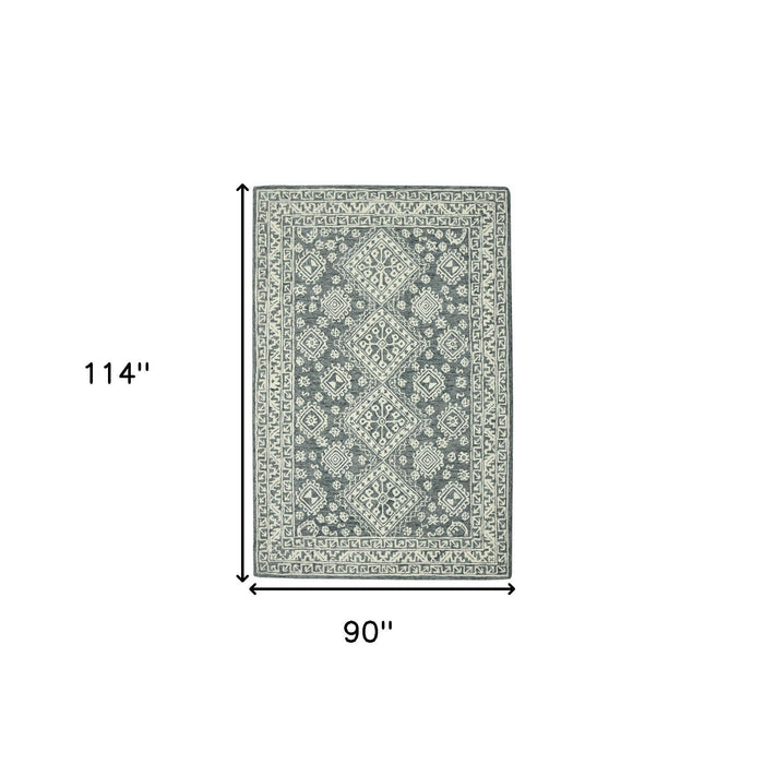 8' X 10' Wool Oriental Hand Hooked Area Rug - Slate Gray And Ivory