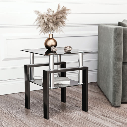 Black Giga modern tempered glass end table with a square shape, ideal for living room use.