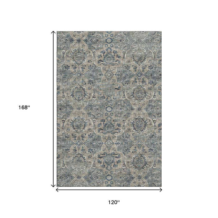 10' X 14' Floral Medallion Distressed Washable Area Rug With UV Protection (644598) - Denim Blue / Gray
