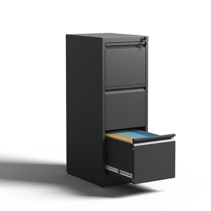 Giga steel vertical filing cabinet with lock for A4, legal, and letter size documents, featuring multiple drawers and secure lock.