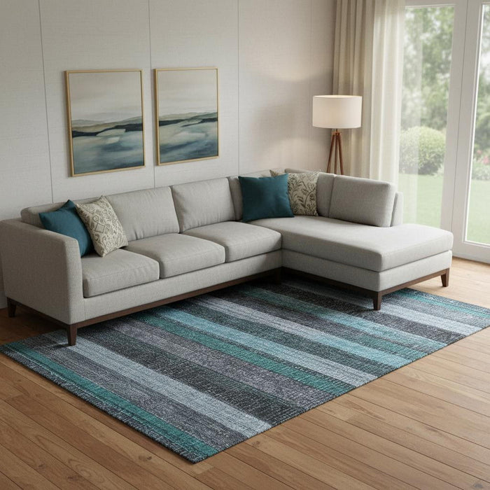 10' X 14' Striped Washable Area Rug With UV Protection (706223) - Teal / Gray