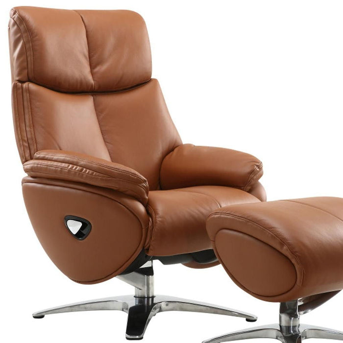 HomeRoots russet tufted genuine leather manual swivel recliner with matching ottoman, showcasing plush cushioning and classic design.