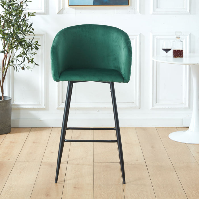 Set of two Giga black and green velvet upholstered counter height bar stools with metal legs, ideal for pub, restaurant, or kitchen island.