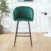 Set of two Giga black and green velvet upholstered counter height bar stools with metal legs, ideal for pub, restaurant, or kitchen island.