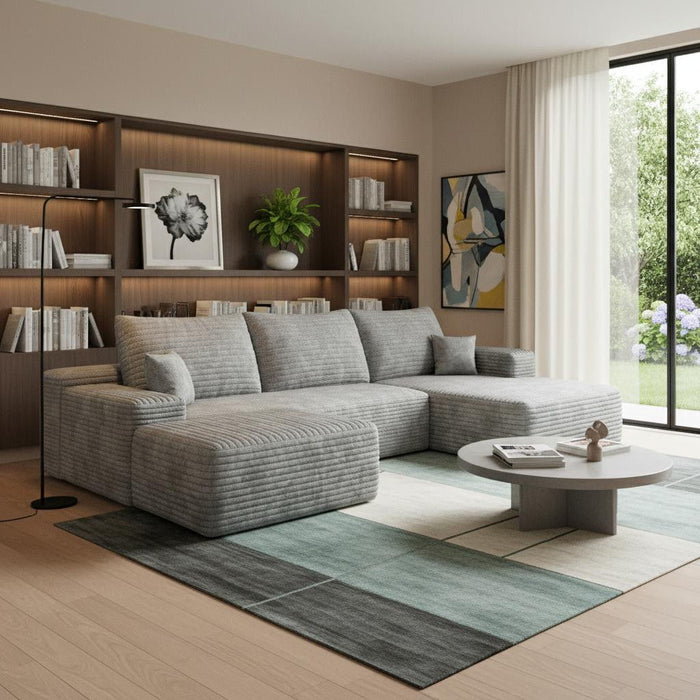 2 Piece Living Room Set Corduroy Modular Compression Foam Sofa & Ottoman Toss Pillows - Gray