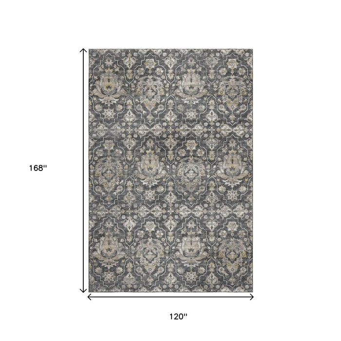 10' X 14' Floral Medallion Distressed Washable Area Rug With UV Protection (644574) - Graphite / Ivory / Gold