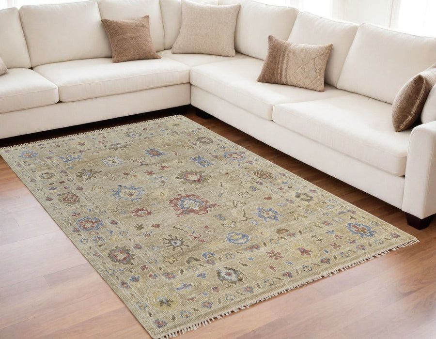 5' x 8' Wool Floral Hand Knotted Area Rug With Fringe - Tan Brown And Blue