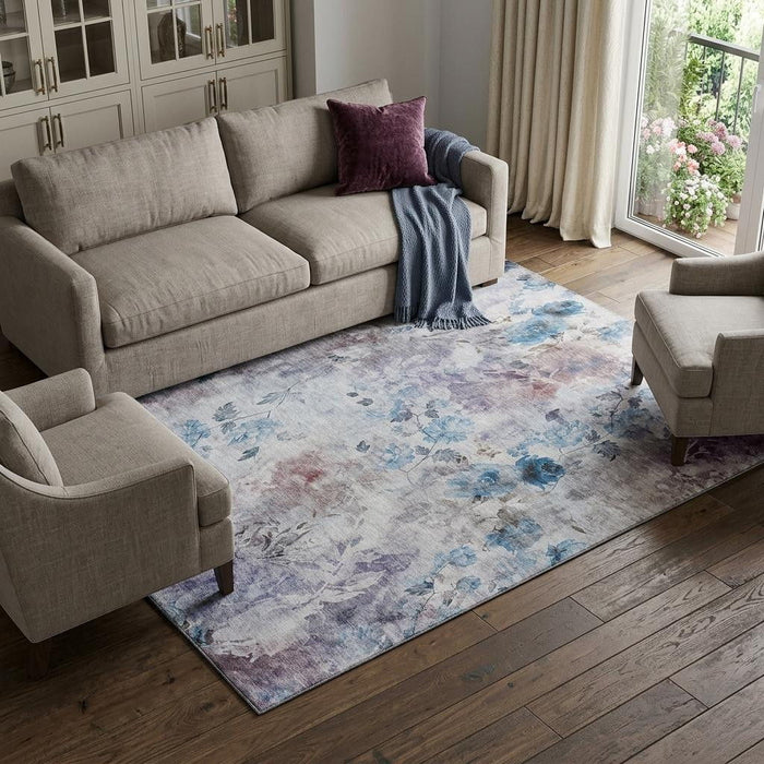 10' X 14' Floral Washable Area Rug With UV Protection (657701) - Blue / Blush / Ivory