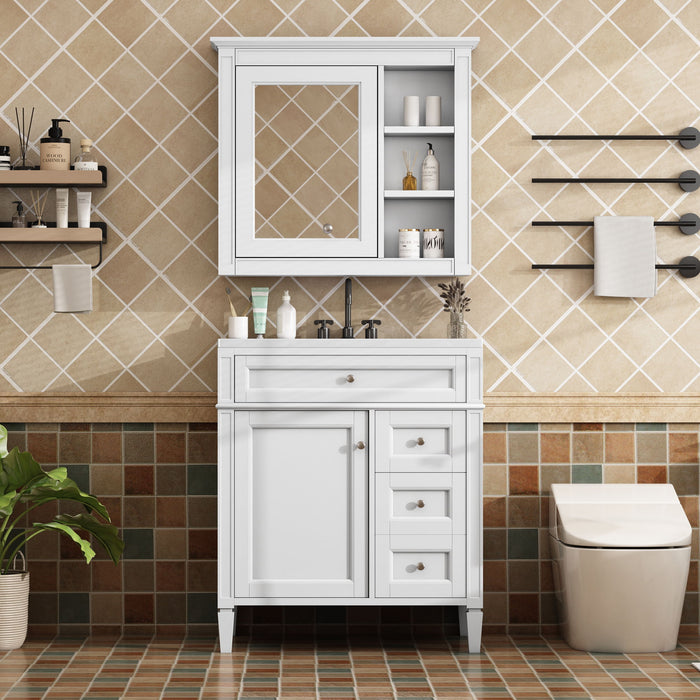 Giga bathroom vanity with top sink, two doors, three drawers, freestanding set, and mirror cabinet in modern design.