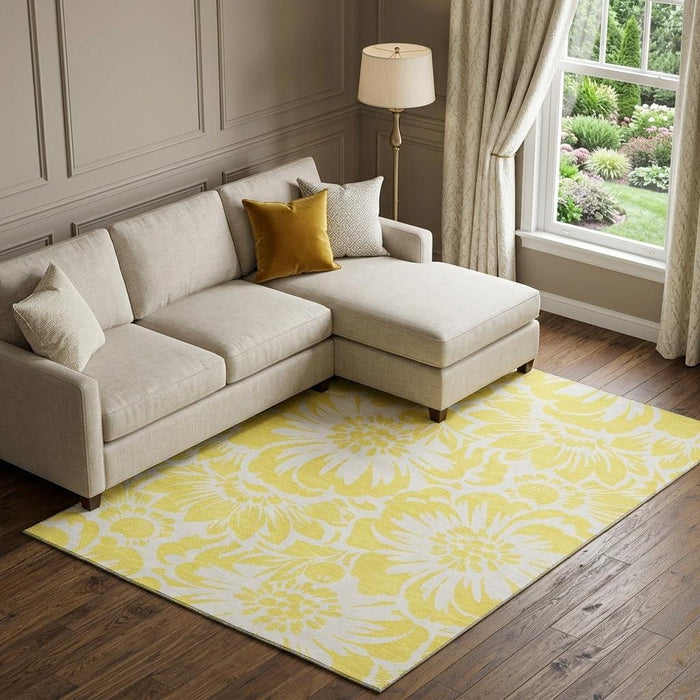 10' X 14' Floral Washable Area Rug With UV Protection (648718) - Yellow / Ivory