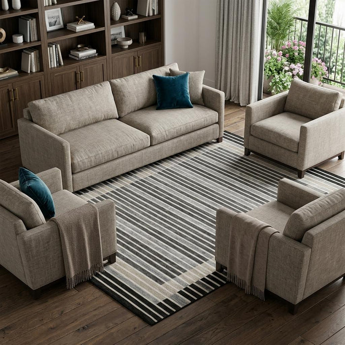 10' X 14' Striped Washable Area Rug With UV Protection (693456) - Black / Gray / Silver