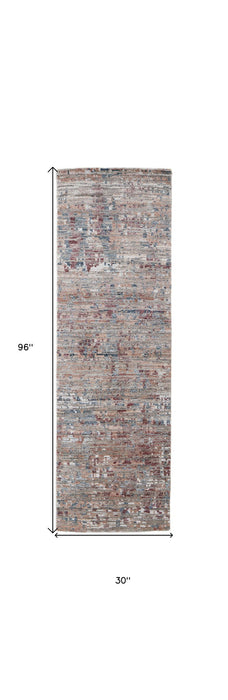 8' Wool Abstract Hand Knotted Runner Rug - Red And Blue