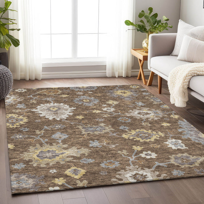 9' X 12' Floral Medallion Washable Area Rug With UV Protection - Chocolate