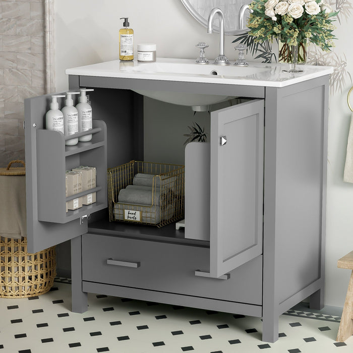 Giga bathroom vanity with single sink, solid wood frame, two doors, drawer, soft-close hinges, and multifunctional storage.