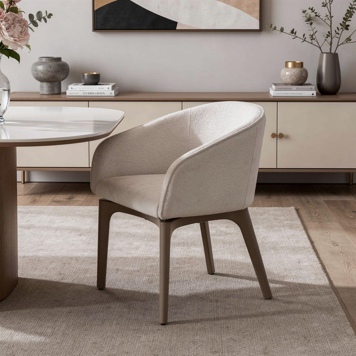 Boucle Faux Leather Dining Arm Chair - Taupe / Brown