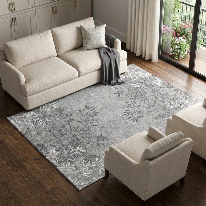 10' X 14' Floral Washable Area Rug With UV Protection (655668) - Pewter / Ivory