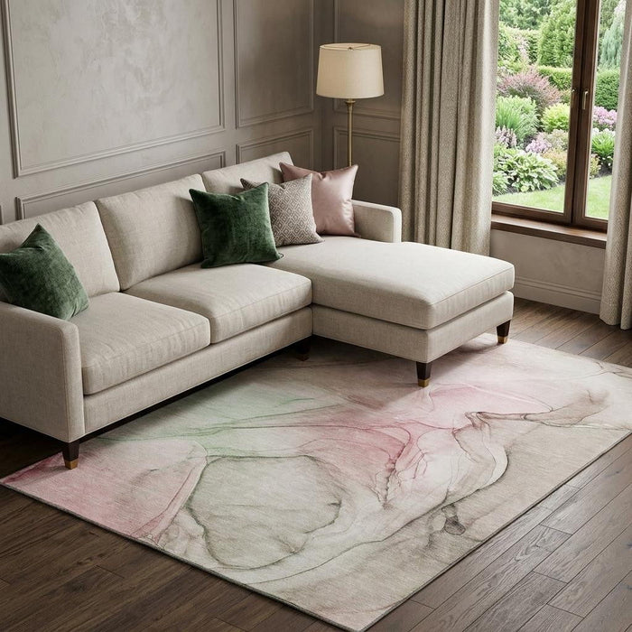 10' X 14' Abstract Washable Area Rug With UV Protection (646620) - Blush / Ivory