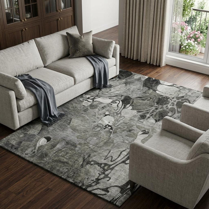10' X 14' Abstract Distressed Washable Area Rug With UV Protection (648988) - Gray / Ivory