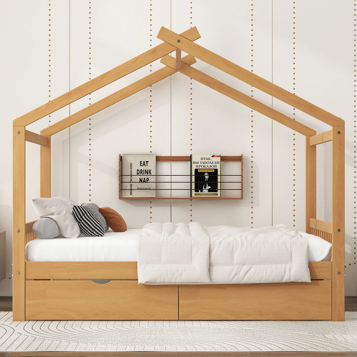 Giga house style platform storage bed with headboard, footboard, two drawers, and roof design in a modern bedroom setting.