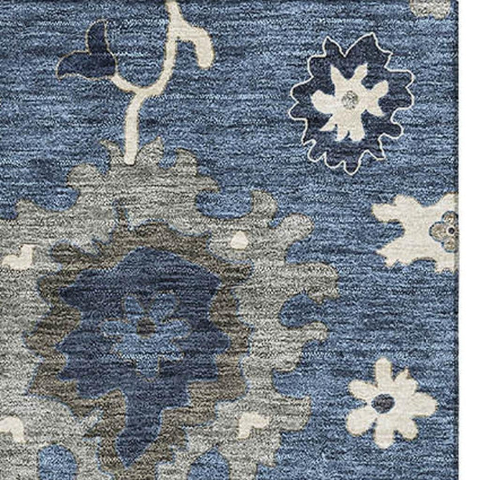 9' X 12' Traditional Floral Medallion Washable Area Rug With UV Protection - Blue