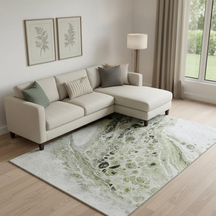10' X 14' Abstract Washable Area Rug With UV Protection (708547) - Artichoke Green / Gray / Silver