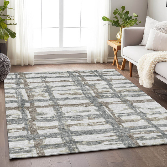 9' X 12' Striped Washable Area Rug With UV Protection - Silver And Gray