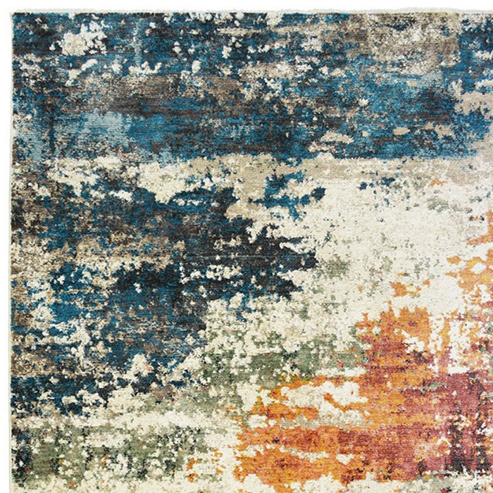 8' x 10' Abstract Distressed Area Rug With Fringe - Beige Blue And Ivory