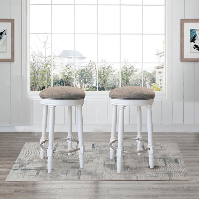 Set of two Giga 360° swivel wooden barstools with upholstered seats, counter height for kitchen or bar seating.