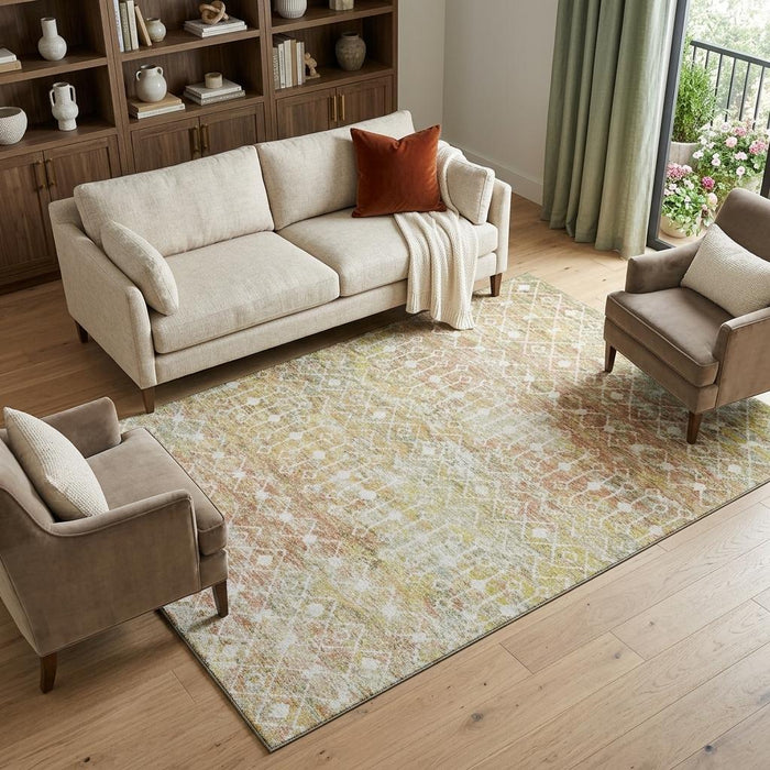 10' X 14' Geometric Washable Area Rug With UV Protection (695654) - Peach / Ivory / Gold