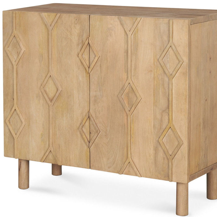 36" Solid Wood Carved Geometric Accent Cabinet With Two Doors - Natural