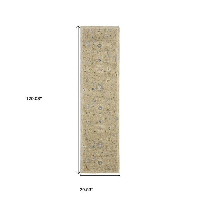 10' Wool Oriental Hand Knotted Runner Rug With Fringe - Beige