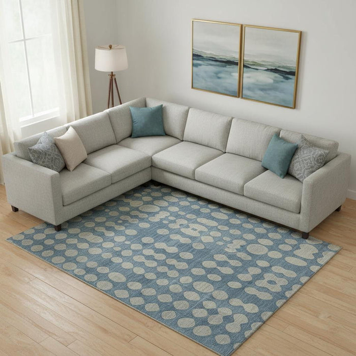 10' X 14' Polka Dot Washable Area Rug With UV Protection (669114) - Denim Blue / Beige