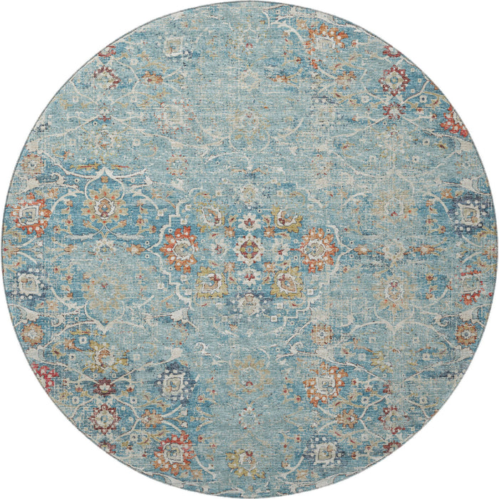 8' Floral Medallion Distressed Washable Round Rug With UV Protection (644213) - Blue / Orange / Gold