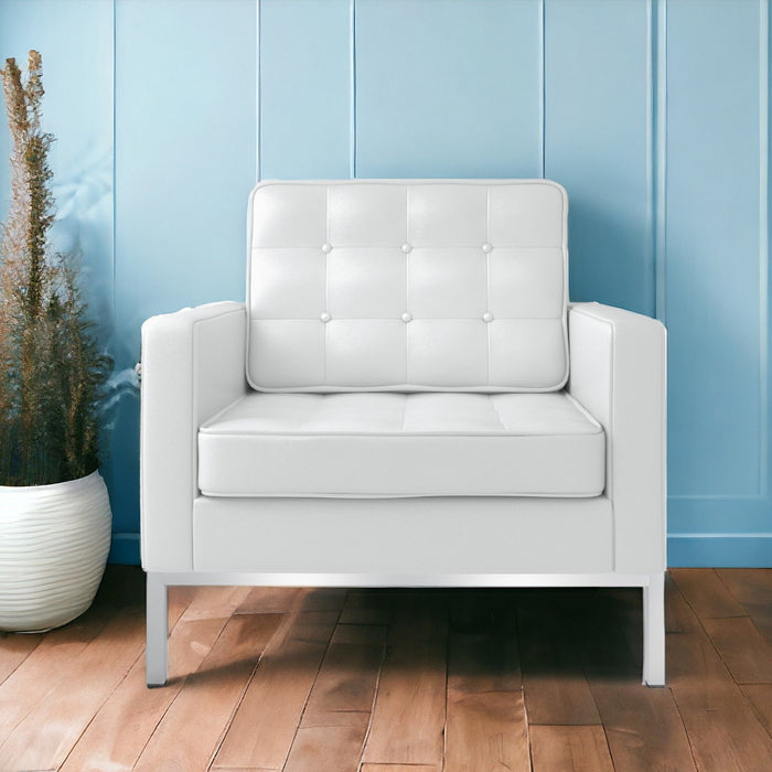 Italian Leather Tufted Arm Chair - White And Silver