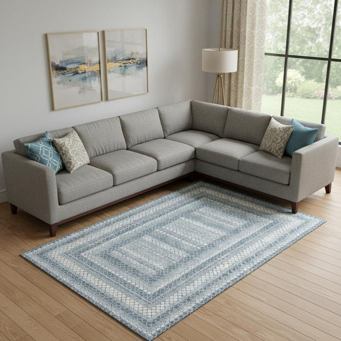 10' X 14' Geometric Washable Area Rug With UV Protection (710879) - Denim Blue / Ivory