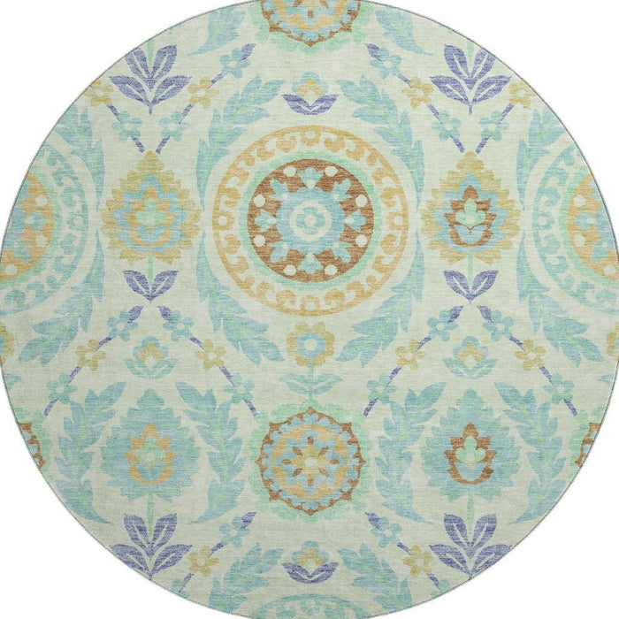 8' Floral Washable Round Rug With UV Protection - Mint Green