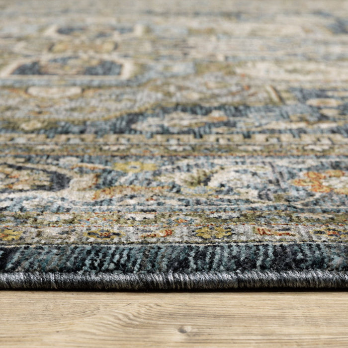 10' x 13' Oriental Power Loom Stain Resistant Area Rug With Fringe - Blue Taupe Gray Green Rust Tan Beige And Gold