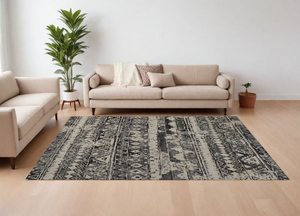 8' x 10' Wool Geometric Hand Knotted Area Rug - Ivory Gray And Black