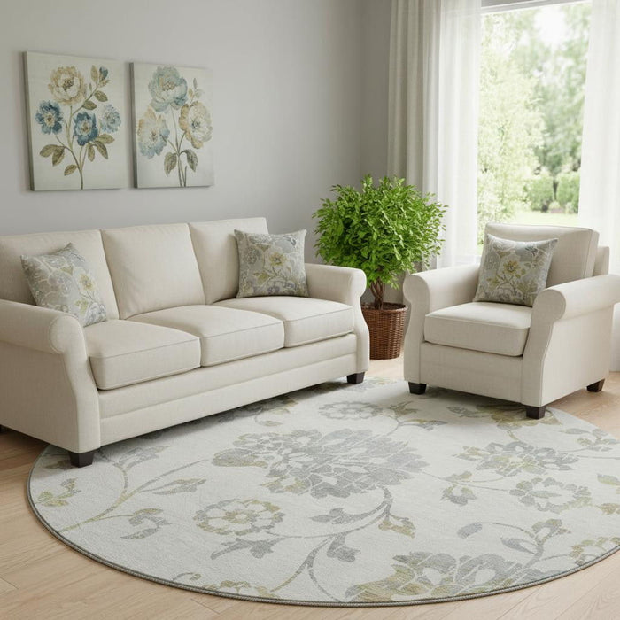 8' Floral Washable Round Rug With UV Protection (667918) - Ivory / Gray / Gold