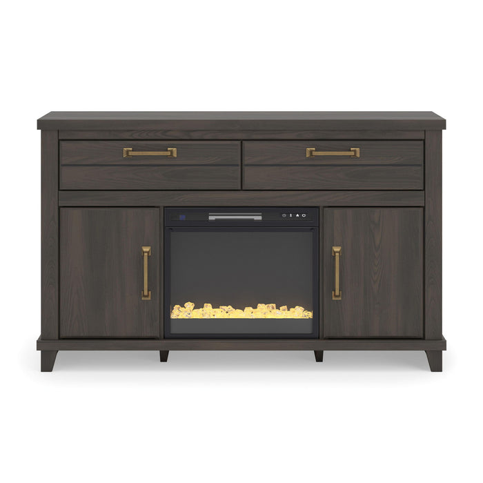 Signature Design by Ashley Brazen Valley TV stand with fireplace option, featuring wood finish and modern storage compartments.