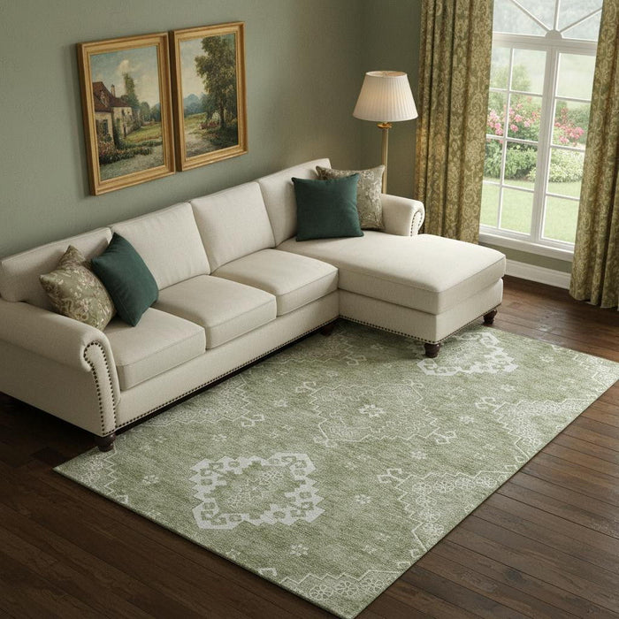 10' X 14' Medallion Washable Area Rug With UV Protection (667396) - Artichoke Green / Ivory