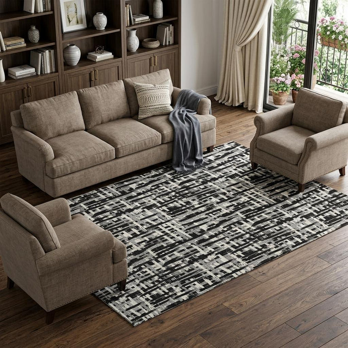 10' X 14' Abstract Geometric Washable Area Rug With UV Protection (682955) - Black / Ivory / Gray