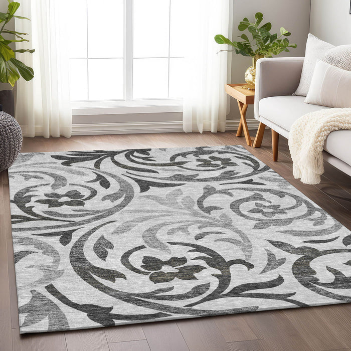 10' X 14' Floral Washable Area Rug With UV Protection - Gray