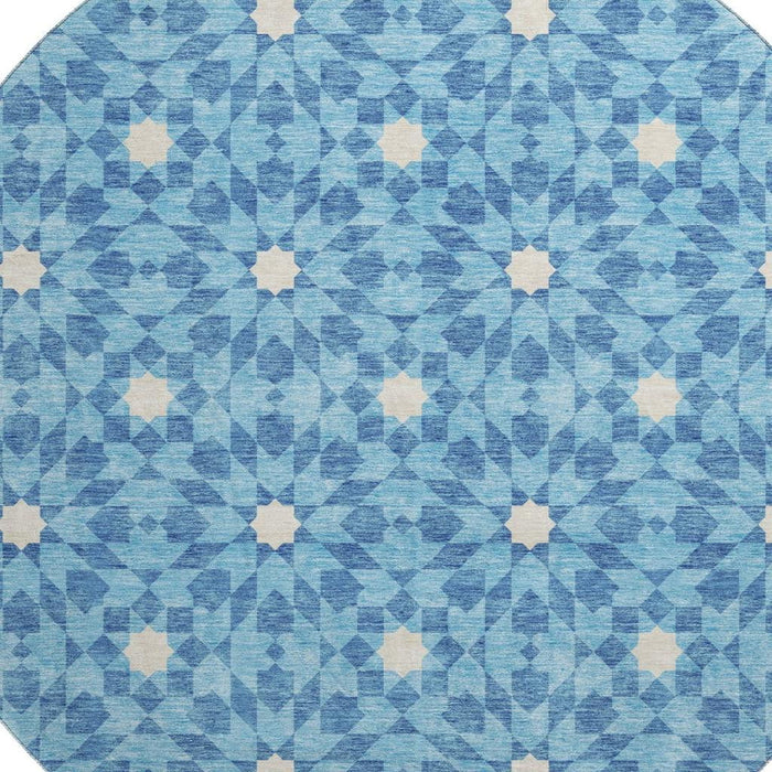 8' Geometric Washable Round Rug With UV Protection - Denim Blue / Ivory
